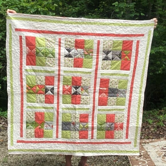 NWT. Hand Crafted Green/Orange/Cream Quilt - Picture 4 of 16